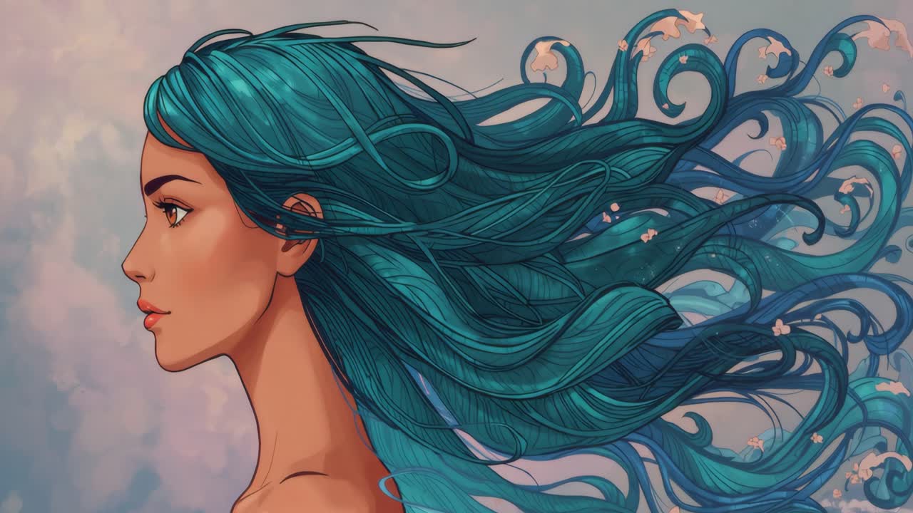 Woman with Blue Hair and Water Waves