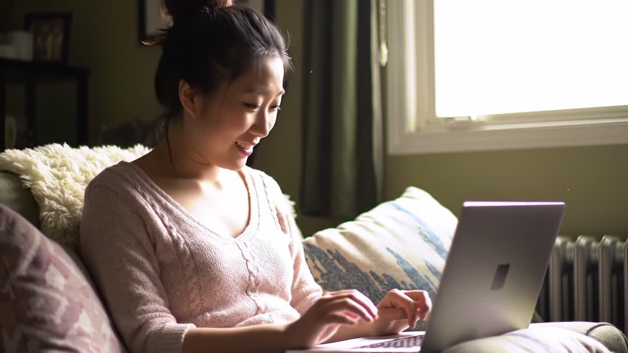 A Young Woman Engaged in Enjoyable Online Activities While Sitting Comfortably on Her Couch, Surrounded by a Cozy and Inviting Living Space