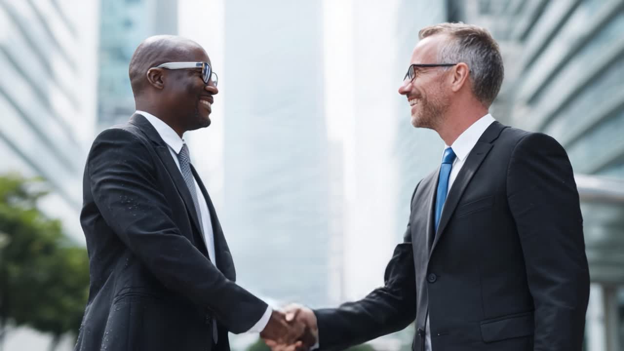 Two Business Professionals Engaging in a Confident Handshake Amidst a Modern Urban Setting, Symbolizing Partnership and Collaboration in the Workplace