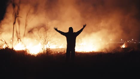 person watching a wildfire at night