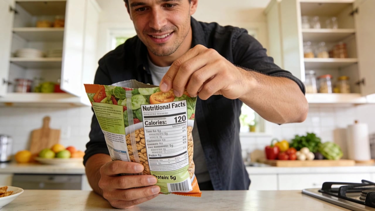 Reading nutrition label man in dark shirt pulling open snack bag at home counter checking calories