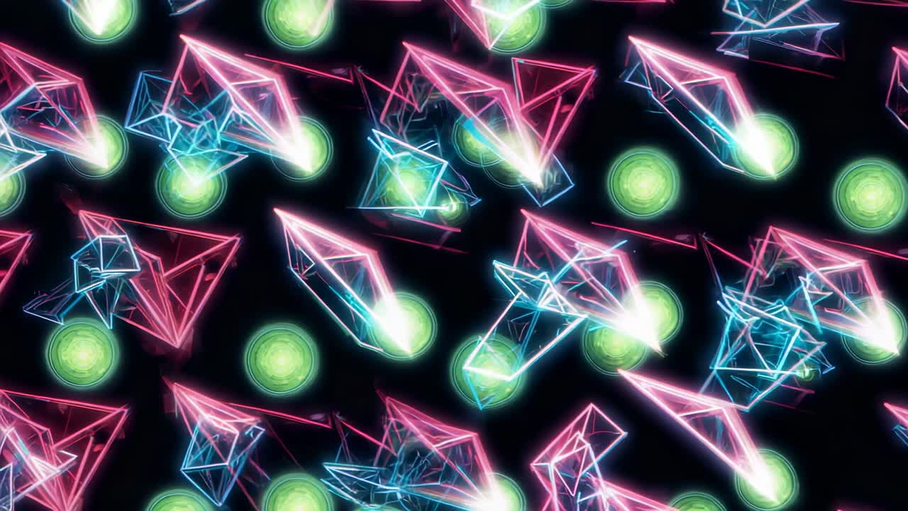 Looping neon pink and cyan wireframe pyramids rotating, drifting across void, with green flares