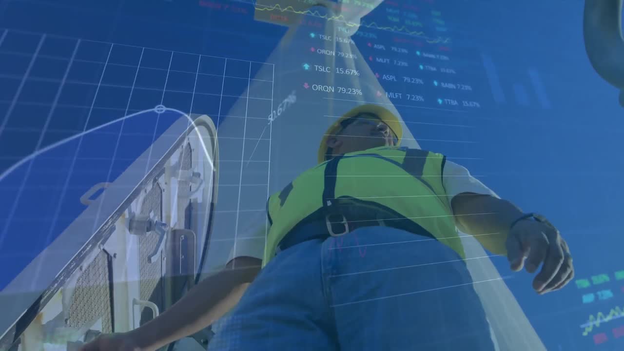 animación del procesamiento de datos financieros sobre el ingeniero y la turbina eólica