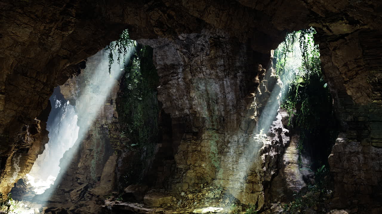 Light beams illuminate a hidden cave with lush greenery and rocky formations