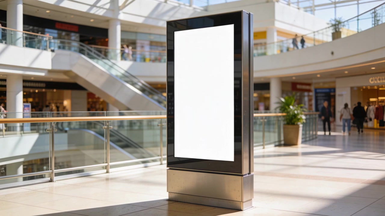Optagende kamera fanger en digital kiosk, der viser et tomt panel i et indkøbscenter, mens shoppere går til butikker.