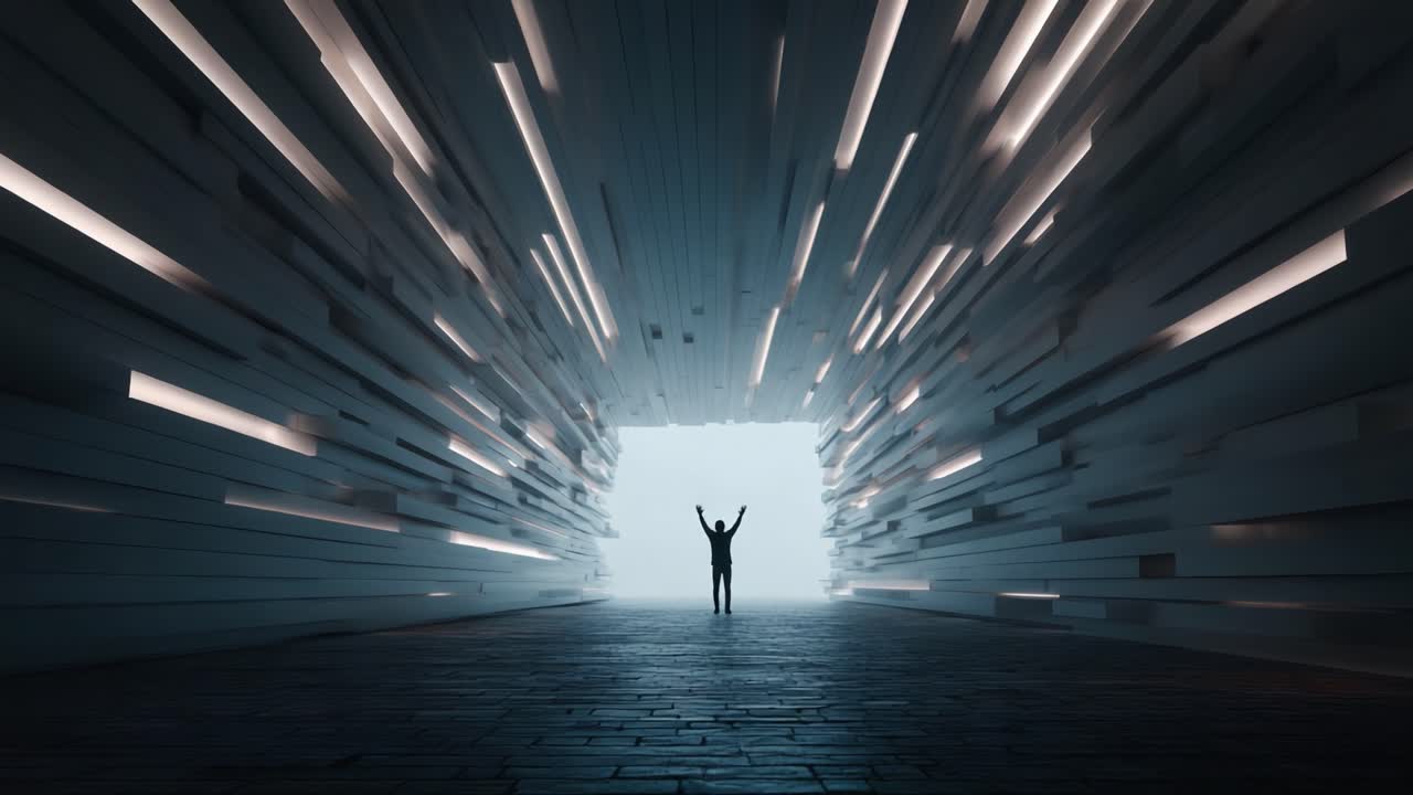 A solitary figure stands triumphantly in a mesmerizing tunnel of light and structure, symbolizing hope and the journey towards a new beginning