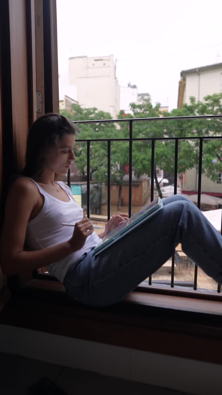 mujer joven dibujando en la tableta en la ventana
