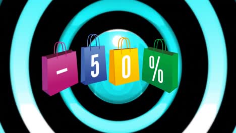 animación de círculos coloridos y texto de venta del 50 por ciento en bolsas de compras