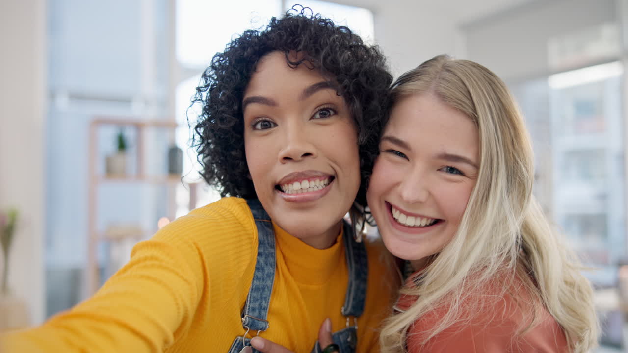 Amici, felici e selfie a casa con segno di pace