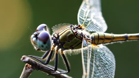 close-up of a dragonfly perched on a branch