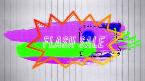 animation von flash-verkaufstext in einer retro-sprachblase über einem abstrakten hintergrund