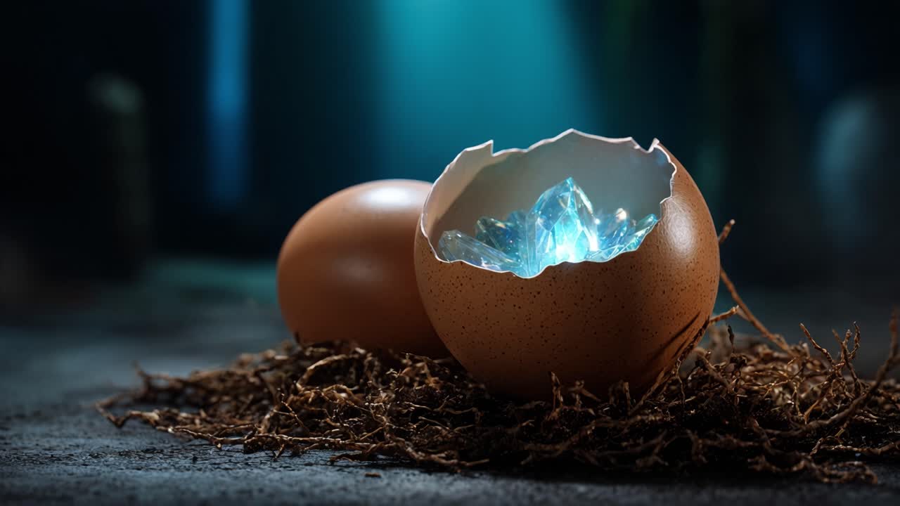 A Mystical Discovery: Glimmering Crystals Emerging from a Broken Eggshell, Creating an Enchanting Scene of Natural Beauty and Wonder in a Darkened Environment