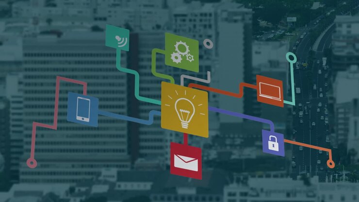 Animation of media icons over cityscape