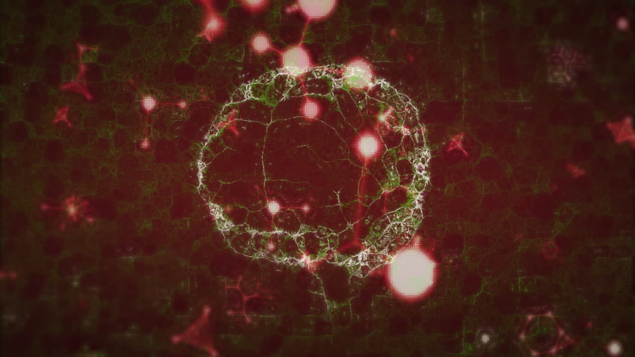 Animating glowing red and white particles forming circular pattern on dark background