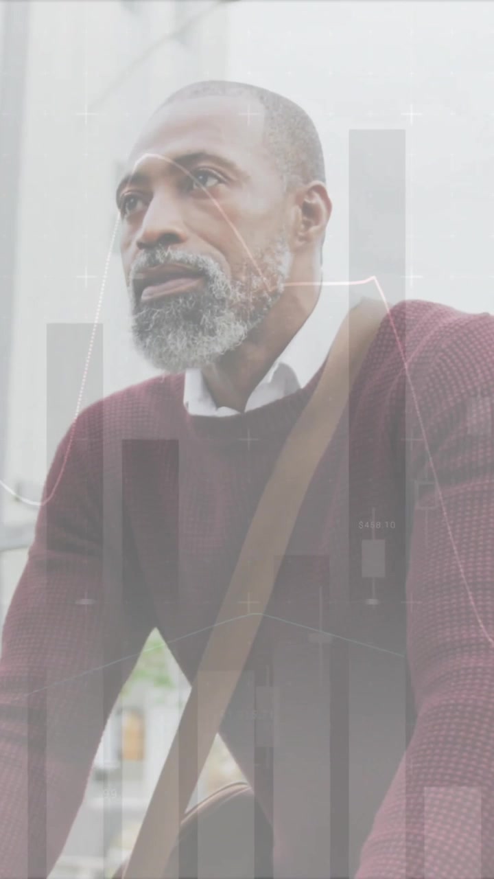 Animation of financial data processing over african american businessman riding bike in city