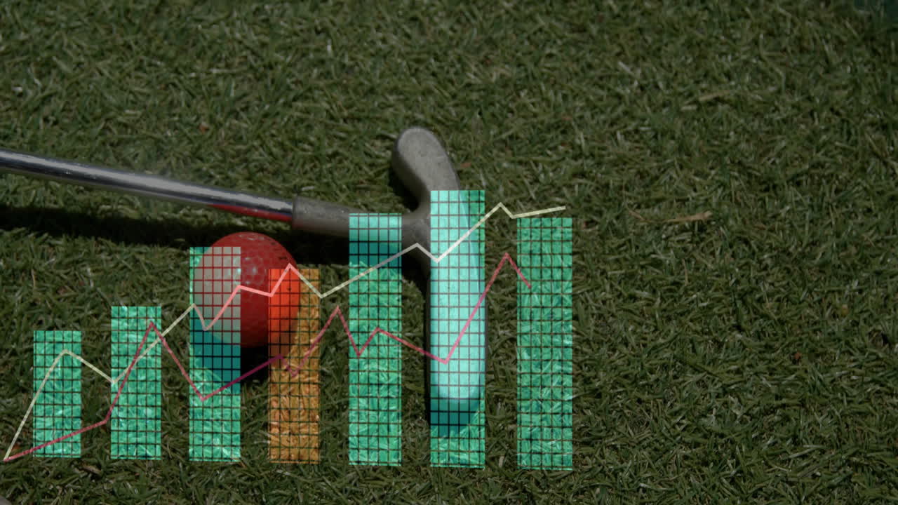 Golf clubs and ball on grass with financial graph animation overlay
