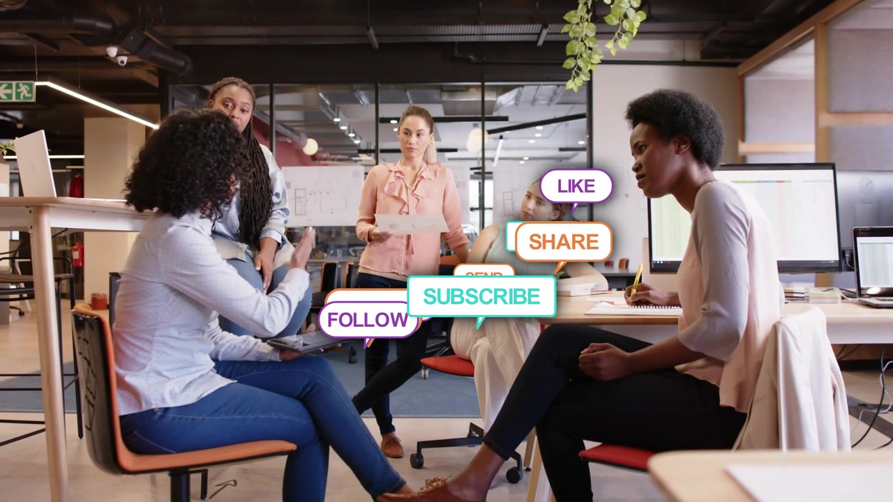 Woman tapping tablet and speaking in meeting, labels appearing and boosting marketing leads