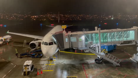 parked airplane in stormy and rainy night. thunder in pereira airport. rain over plane. weather flash
