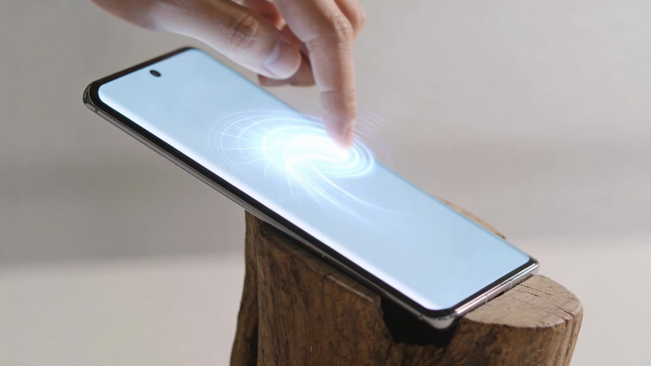 Tapping and sliding finger creating bright glow on smartphone screen at studio table with stump