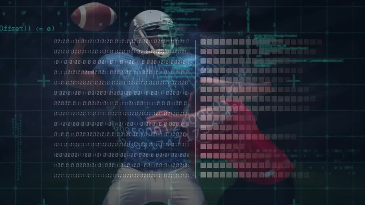 Animación de procesamiento de datos sobre jugadores de fútbol americano.