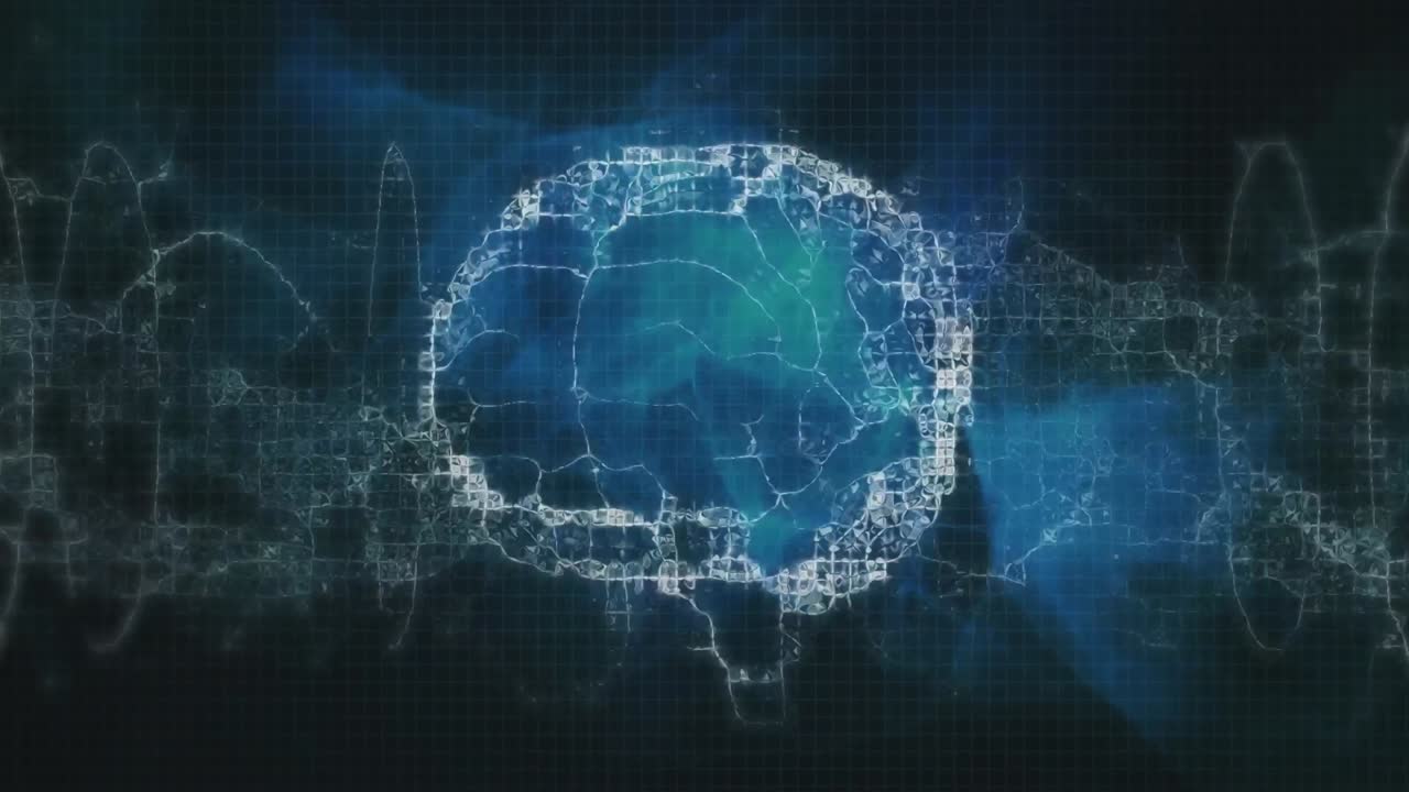 Animation of blue lines over human brain on dark background