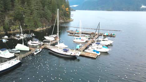 Deliciosa-Escena-De-Veleros-Y-Lanchas-Motoras-Atracando-En-El-Puerto-Deportivo-De-Deep-Cove-En-Un-Día-Nublado-En-El-Norte-De-Vancouver