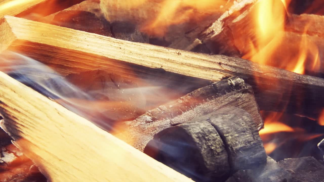 바비큐를 위해 불타는 나무 통나무