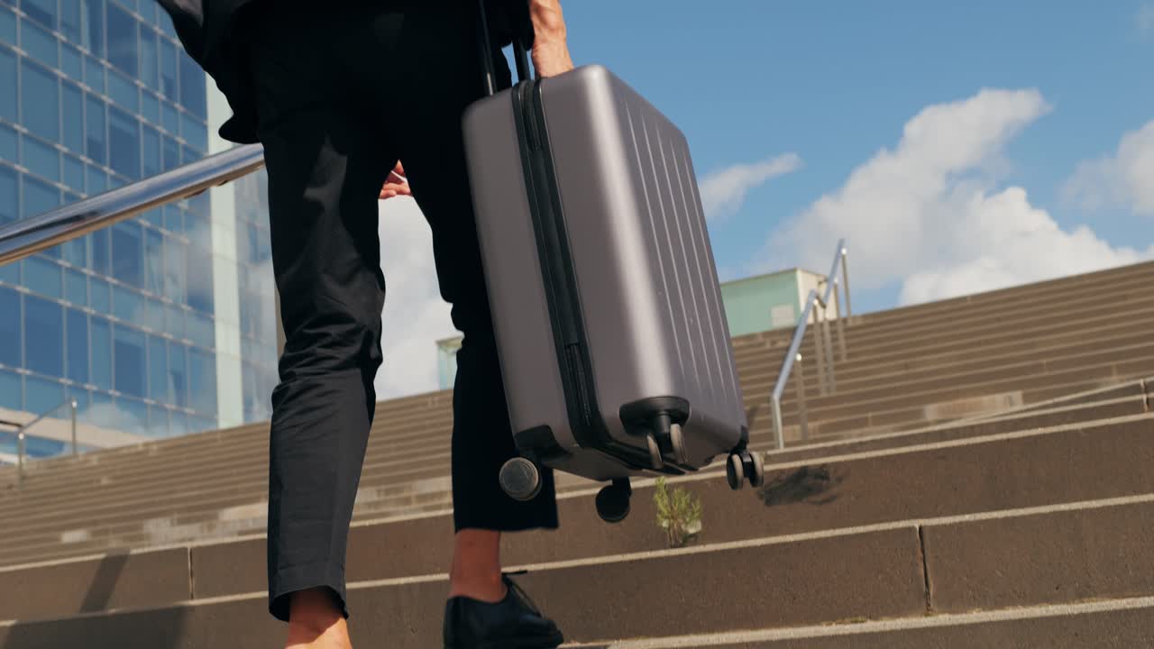 Tourist man with suitcase baggage in spain, A traveler with luggage suit jacket on business street go to a hotel, business office, airport terminal, enjoying the vibrant atmosphere