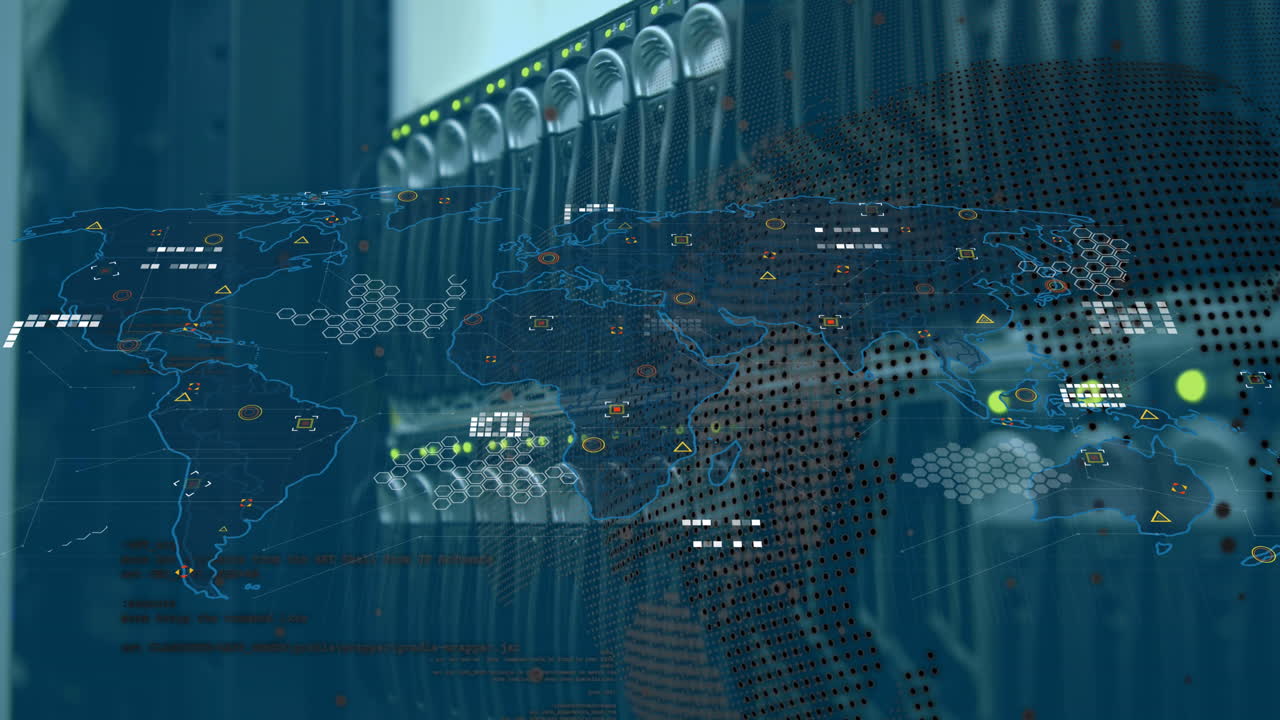 Animation of world map, data processing and spinning globe against close up of a computer server