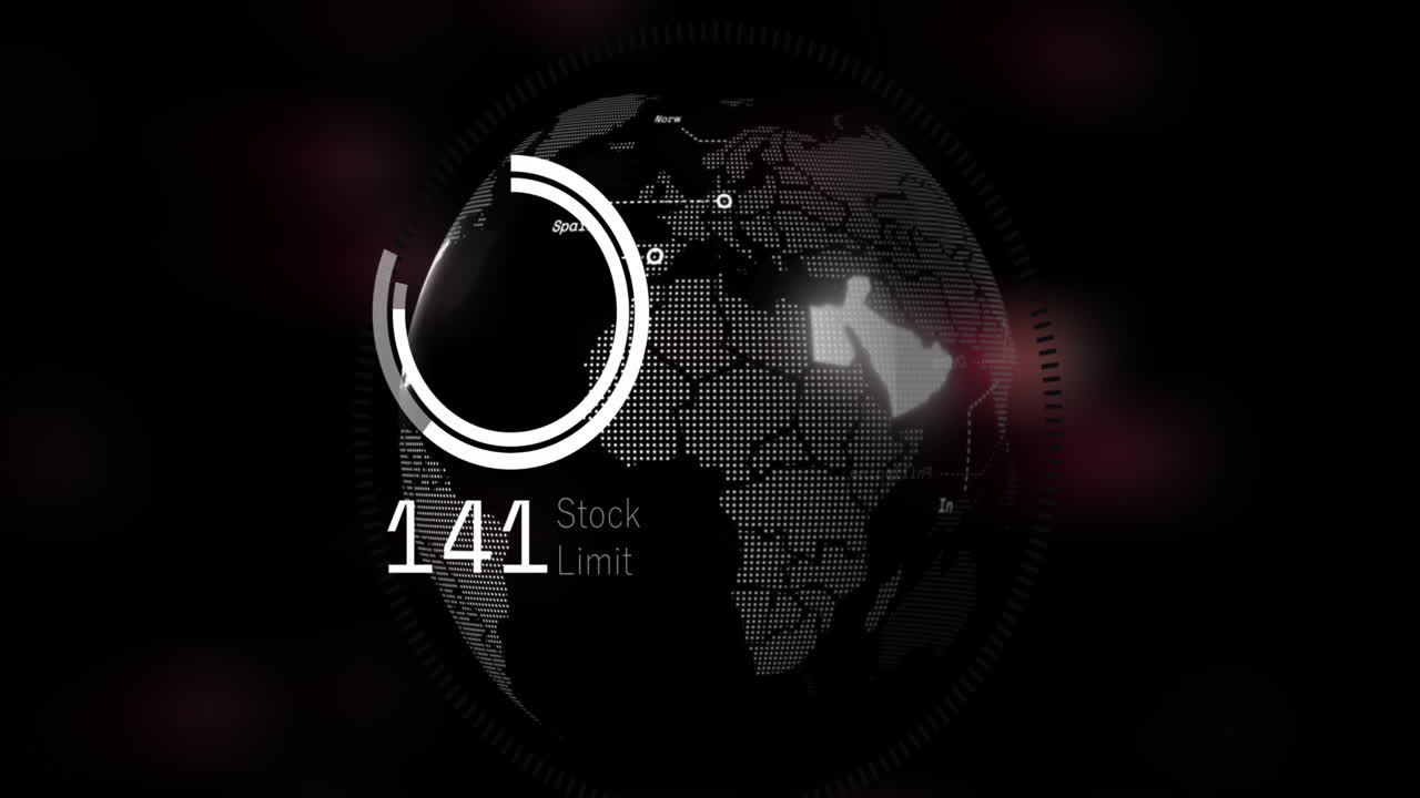 Animation of numbers and data processing over globe and dark background