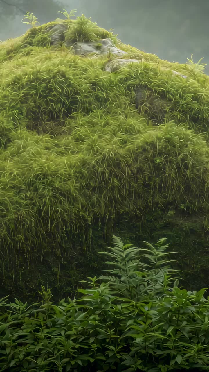 Video verticale: muschio e felci che ondeggiano su un masso muschioso in un burrone, con nebbia che si alza e brezza che soffia