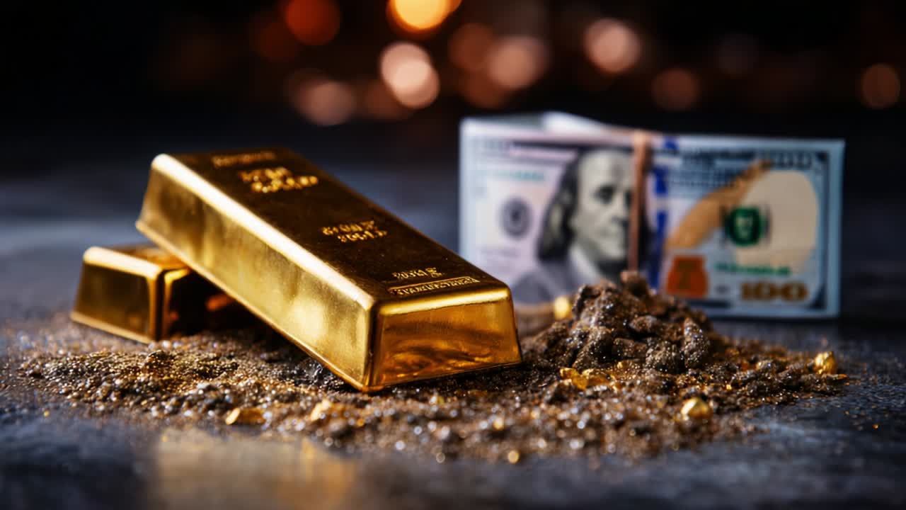 Captivating Display of Wealth: Gleaming Gold Bars and Piles of Rich Soil with a Hundred-Dollar Bill, Symbolizing Luxury, Investment, and the Economy Amidst a Soft Focus Background of Brilliance