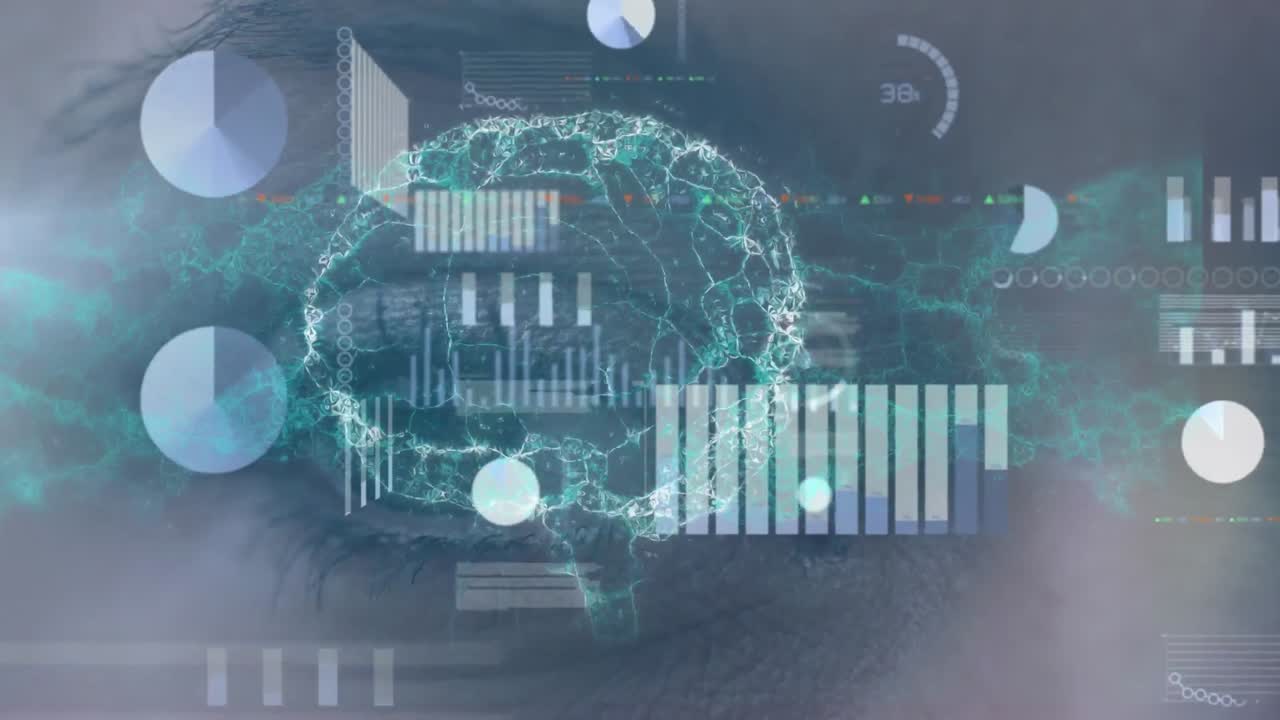 Animation of human brain, statistics with data processing over woman's eye