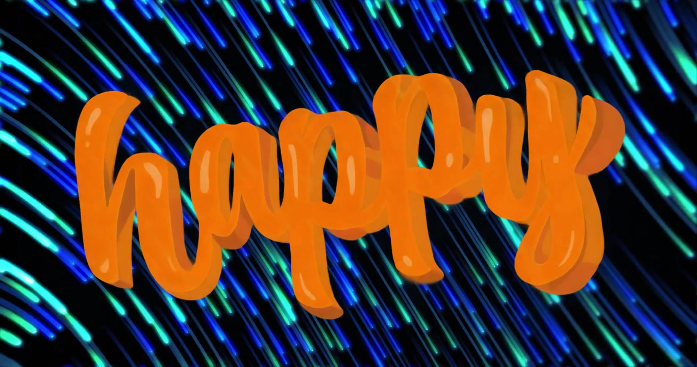 Sich öffnende 3D-orangefarbene, fröhliche Schriftzüge mit sich verschiebenden Neonstreifen, Buchstaben wellen sich und beleben die Szene.