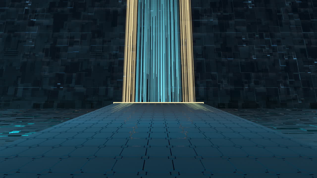 흑색 배경으로 빛나는 선과 큐브, 3d 렌더링