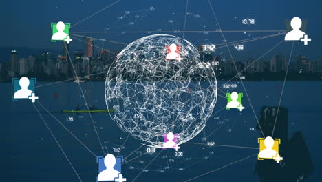 web of connections icons forming a globe against cityscape