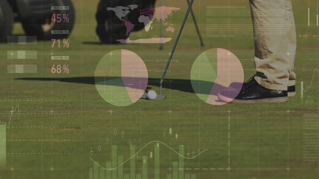 On golf course, player putting with animation of data analytics and graphs overlay
