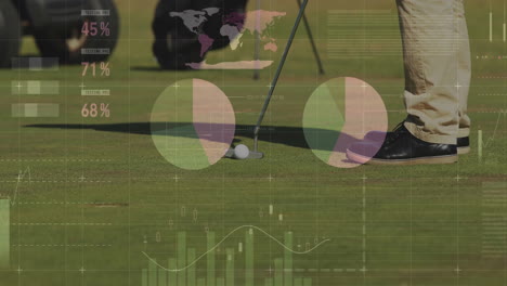 on golf course, player putting with animation of data analytics and graphs overlay