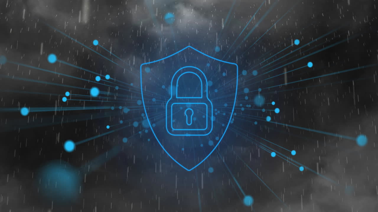 Animazione di pioggia su uno scudo con icona a lucchetto e rete di connessioni