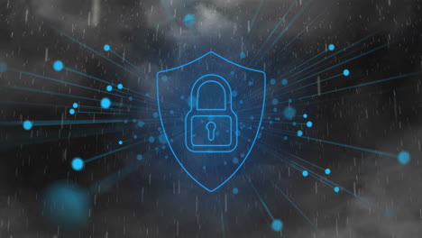 animation of rain over shield with padlock icon and network of connections