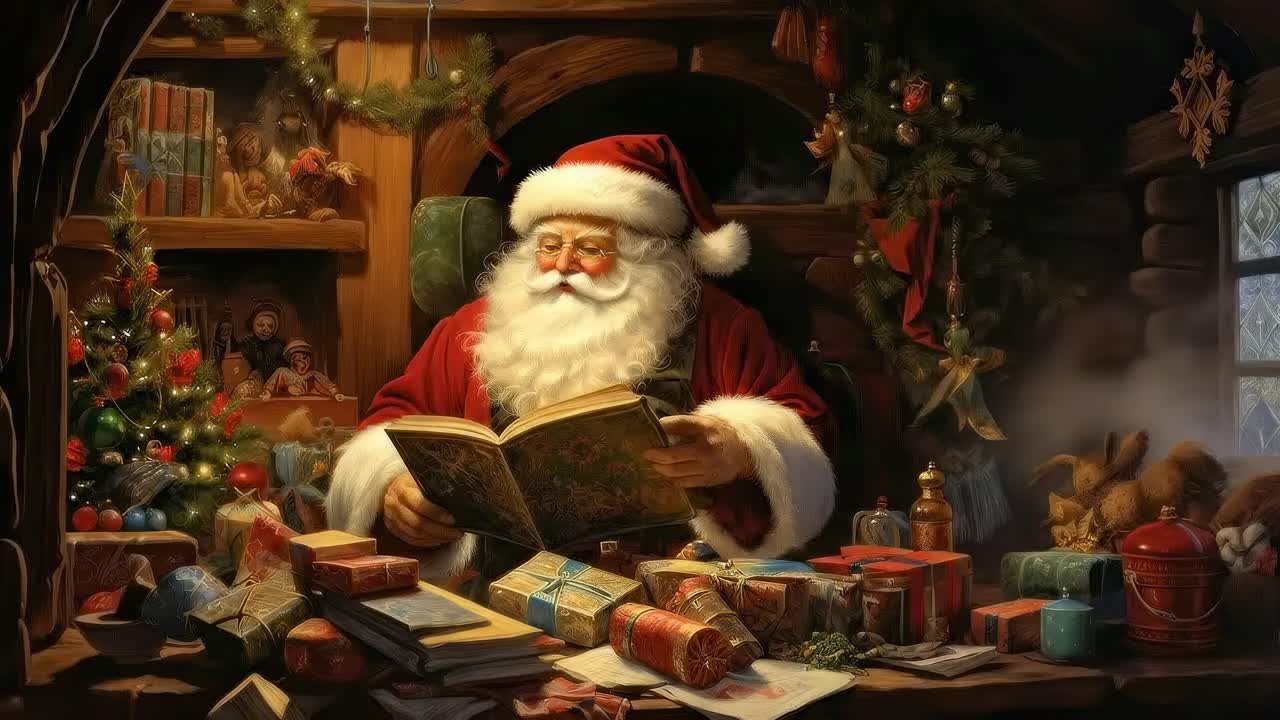 Cozy, festive scene of Santa reading, captured at eye level. Perfect for a holiday video. Live