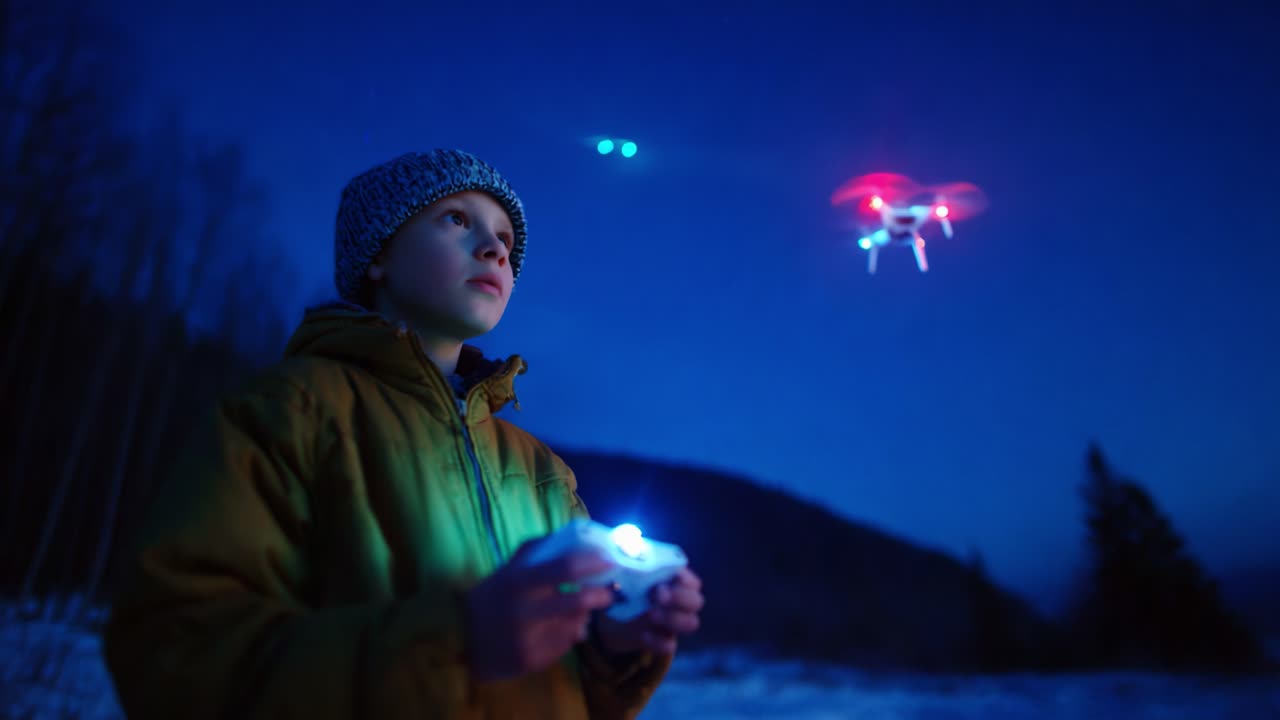 A young boy captivated by the thrill of flying a drone at night, immersed in the wonders of technology and adventure under a starry sky in a tranquil winter landscape