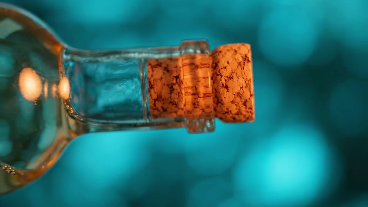 Primo piano di una bottiglia tappata che evidenzia la texture e il colore del tappo di sughero su uno sfondo bokeh dai toni blu e verdi tenui.