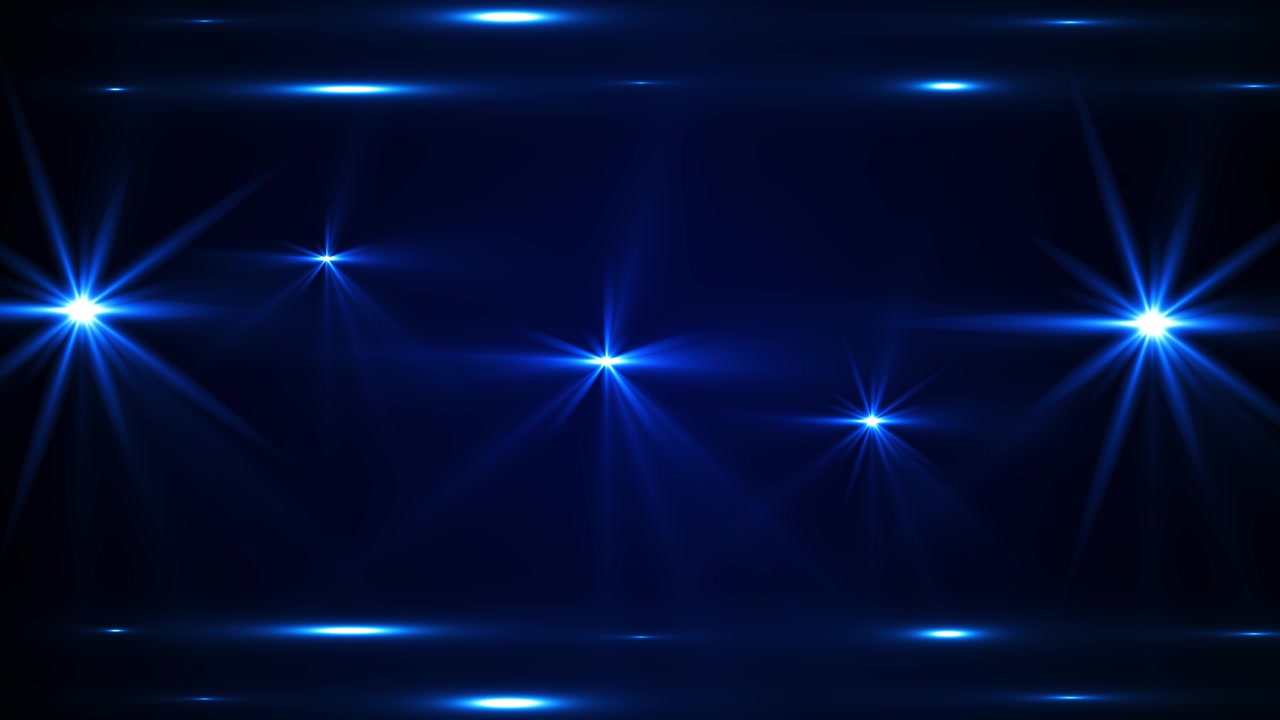 Blauer Lens-Flare-Lichthintergrund mit leuchtenden Sternenexplosionen, sanften Strahlen und dunkler Bühnenatmosphäre