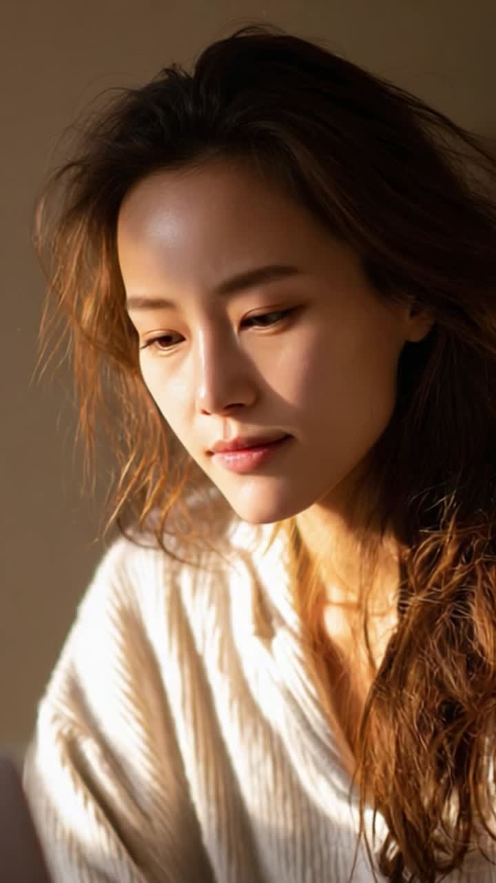 Candid Portrait of a Thoughtful Woman with Natural Light Highlighting Her Features, Capturing a Moment of Reflection in a Serene Environment