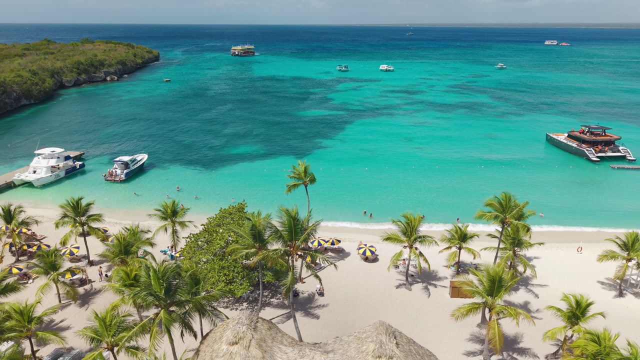 Pan view of Exotic sandy beach with palms and idyllic blue sea at Isla Catalina, Caribbean