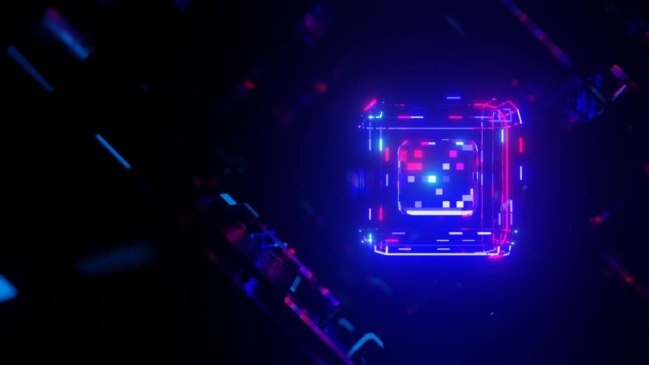 objeto o estructura 3d gira y se mueve dentro de un túnel de espejo de vidrio con luz de neón, reflejos brillantes. cubo. fantástico resumen bg en 4k. vj bucle para mostrar. sci fi bg volar a través del túnel de alta tecnología