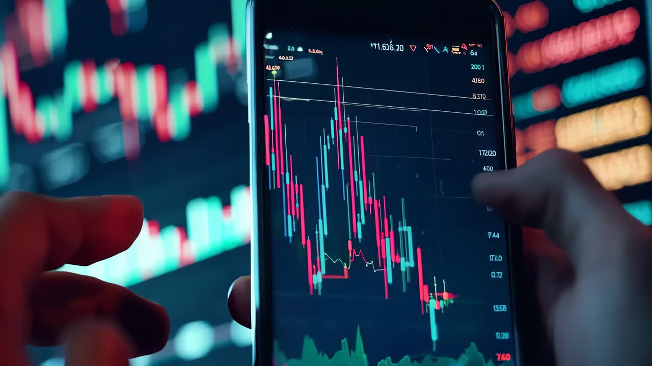 Trader Investors check financial news and stock market index updates on their tablets. Businessman finger working with Stock Market Data Graph on a smartphone. Stay informed about market trends.