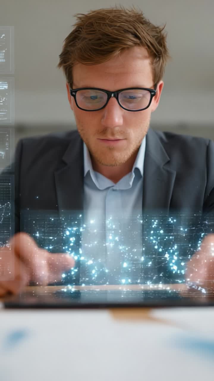 Un professionista concentrato che analizza dati tramite un'interfaccia olografica, integrando tecnologia e informazioni aziendali in un ambiente di lavoro moderno