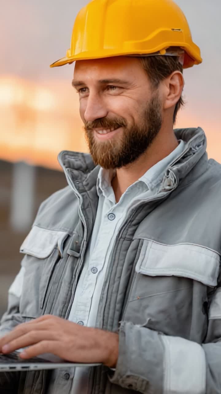 Operaio edile sicuro di sé che usa il portatile con il casco di sicurezza in un cantiere durante il tramonto, a dimostrazione di professionalità e innovazione nelle moderne pratiche di costruzione